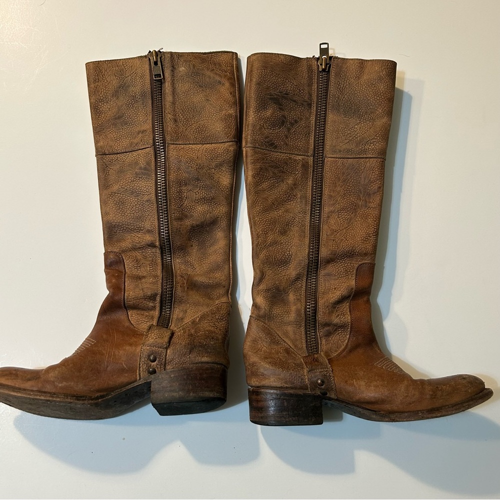 Freebird by Steven Distressed Embossed Brown Leather Knee-High Cowboy Boots, 8